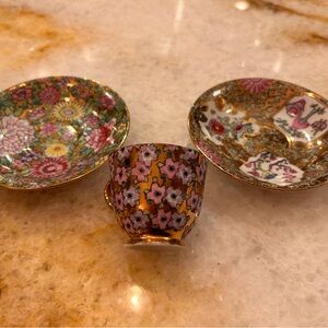 Vintage Imari Vintage Tea Cup and 2 Saucers.  Gold and multicolored.  5”W, 2”H.